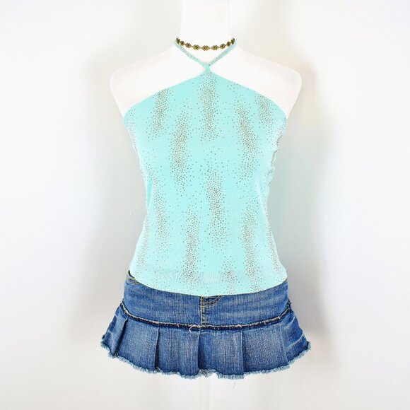 Vintage 00s Y2K Blue Glitter High Neck Tie-Up Halter Tank Top Size Juniors Large - Picture 1 of 5